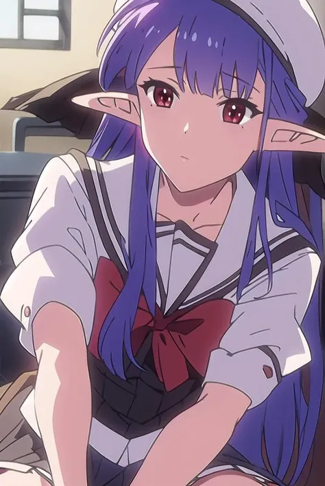 shufflenerine, <lyco:nerine-LYCORIStest:1>,
nerine, long hair, blue hair, pointy ears, (red eyes:1.5),
BREAK skirt, hat, school uniform, short sleeves, socks, puffy sleeves, puffy short sleeves, beret,
BREAK looking at viewer,
BREAK indoors, classroom,
BREAK <lora:GoodHands-vanilla:1>, (masterpiece:1.2), best quality, high resolution, unity 8k wallpaper, (illustration:0.8), (beautiful detailed eyes:1.6), extremely detailed face, perfect lighting, extremely detailed CG, (perfect hands, perfect anatomy),
