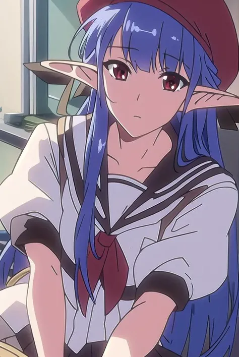 shufflenerine, <lyco:nerine-LYCORIStest:1>,
nerine, long hair, blue hair, pointy ears, (red eyes:1.5),
BREAK skirt, hat, school uniform, short sleeves, socks, puffy sleeves, puffy short sleeves, beret,
BREAK looking at viewer,
BREAK indoors, classroom,
BREAK <lora:GoodHands-vanilla:1>, (masterpiece:1.2), best quality, high resolution, unity 8k wallpaper, (illustration:0.8), (beautiful detailed eyes:1.6), extremely detailed face, perfect lighting, extremely detailed CG, (perfect hands, perfect anatomy),