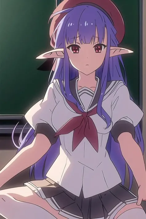 shufflenerine, <lyco:nerine-LYCORIStest:1>,
nerine, long hair, blue hair, pointy ears, (red eyes:1.5),
BREAK skirt, hat, school uniform, short sleeves, socks, puffy sleeves, puffy short sleeves, beret,
BREAK looking at viewer,
BREAK indoors, classroom,
BREAK <lora:GoodHands-vanilla:1>, (masterpiece:1.2), best quality, high resolution, unity 8k wallpaper, (illustration:0.8), (beautiful detailed eyes:1.6), extremely detailed face, perfect lighting, extremely detailed CG, (perfect hands, perfect anatomy),