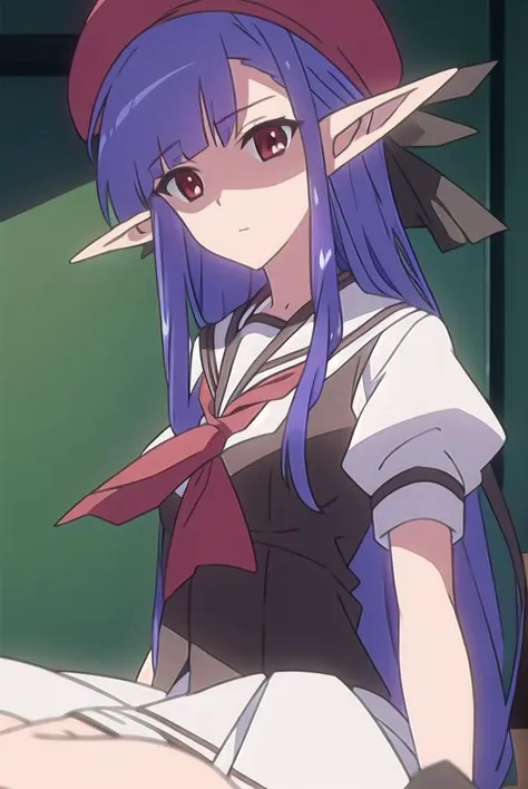 shufflenerine, <lyco:nerine-LYCORIStest:1>,
nerine, long hair, blue hair, pointy ears, (red eyes:1.5),
BREAK skirt, hat, school uniform, short sleeves, socks, puffy sleeves, puffy short sleeves, beret,
BREAK looking at viewer,
BREAK indoors, classroom,
BREAK <lora:GoodHands-vanilla:1>, (masterpiece:1.2), best quality, high resolution, unity 8k wallpaper, (illustration:0.8), (beautiful detailed eyes:1.6), extremely detailed face, perfect lighting, extremely detailed CG, (perfect hands, perfect anatomy),