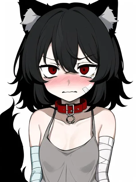 hisha, best work, black pupils, bags under eyes, white hair, red eyes, black hair, wolf ears, wolf tail, tank top, face focus,, blush, nervous, closed mouth, collar, sad, bandaid on cheek, bandages