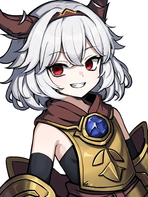 Masterpiece, cartoon, kamepan, red eyes, (armor), blue eyes, white hair, knight, skimpy, smile teeth, pauldrons, world of warcraft,