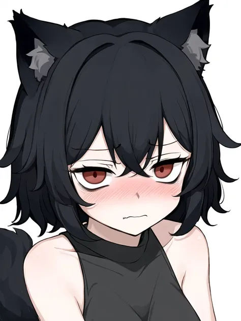 hisha, best work, black pupils, bags under eyes, white hair, red eyes, black hair, wolf ears, wolf tail, tank top, face focus,, blush, nervous, closed mouth,