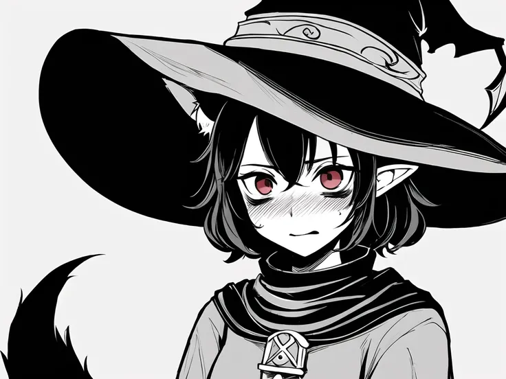 hisha, best work, black pupils, bags under eyes, black hair, red eyes, black hair, wizard hat, wolf ears, wolf tail, crpg, dungeon crawler, wrpg, rpg, mage, dragon's dogma, elder scrolls, dark souls, (pauldrons), high fantasy, stonewalls, pillars, dungeon, torch light, dramatic shadows, realistic, face focus,, blush, nervous, closed mouth,