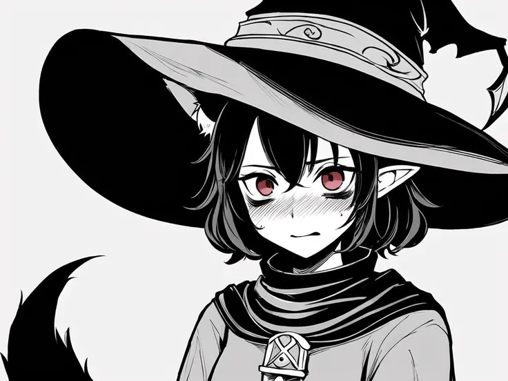 hisha, best work, black pupils, bags under eyes, black hair, red eyes, black hair, wizard hat, wolf ears, wolf tail, crpg, dungeon crawler, wrpg, rpg, mage, dragon's dogma, elder scrolls, dark souls, (pauldrons), high fantasy, stonewalls, pillars, dungeon, torch light, dramatic shadows, realistic, face focus,, blush, nervous, closed mouth,