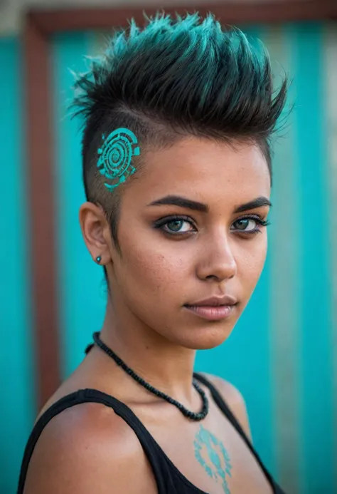 photo, young adult woman, punk hairstyle shaved on one side, from Mexico, Aztec, dark skin tone, black with cyan, alluring, double exposure, bokeh, <lora:skin_4-000015:0.25> <lora:Beautify-Supermodel-SDXL:0.4>