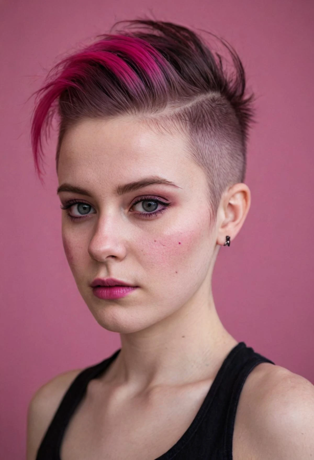 photo, young adult woman, punk hairstyle shaved on one side, from iceland, (pale skin:0.2), black with hot pink, alluring, double exposure, bokeh, <lora:skin_4-000015:0.25> <lora:Beautify-Supermodel-SDXL:0.4>