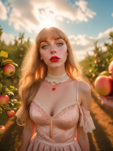 21 yo wife, wide-angle, fisheye, full-length portrait, flash photo, blonde, small breasts, blunt bangs, narrow hips, skinny, thin, petite, puffy lace mini-dress, heart choker necklace, glossy red lipstick, pale freckled skin, blushing pink cheeks, long legs, thigh highs, thigh gap, platform high heels, very long hair, bold makeup, fields of apple orchards, subtle details, unique perspective, looking up at viewer, begging eyes, glare from sun, photograph, detailed, realistic, detailed feet, detailed hands, whole body, supermodel face, subtle colors, pastel theme, soft lighting, soft focus, golden hour, puffy pink orange clouds
<lora:MJ52:0.6> <lora:Supermodel-SDXL:.5>