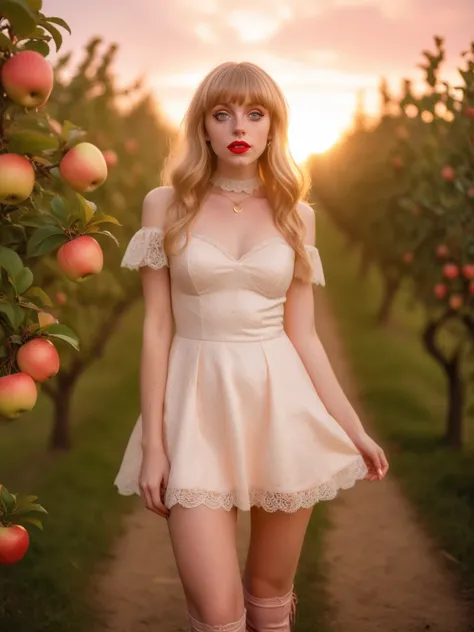 28 yo wife, wide-angle, fisheye, full-length portrait, flash photo, blonde, small breasts, blunt bangs, narrow hips, skinny, thin, petite, puffy lace mini-dress, heart choker necklace, glossy red lipstick, pale freckled skin, blushing pink cheeks, long legs, thigh highs, thigh gap, platform high heels, very long hair, bold makeup, fields of apple orchards, subtle details, unique perspective, looking up at viewer, big eyes, glare from sun, photograph, detailed, realistic, detailed feet, detailed hands, whole body, supermodel face, subtle colors, pastel theme, soft lighting, soft focus, golden hour, puffy pink orange clouds
<lora:MJ52:0.3> <lora:Supermodel-SDXL:.5>