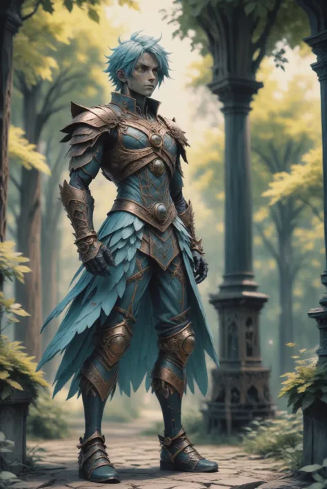 anime style, bronze forest automaton, full body, character concept art, (full body:1.2), 1boy, man, solo, [:outlandish costume design,:0.2] sorcerer, caucasian, light darkcyan hair, (slim:1) build, morning, architecture, "at the endless Barrier"<lora:EnvyStarlightBronzeOrder01:1>