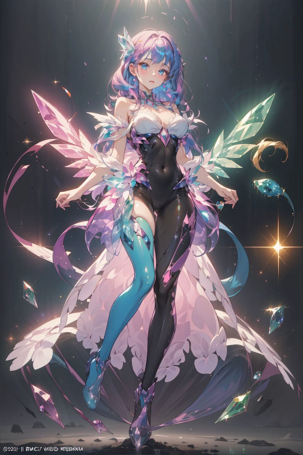 (masterpiece, top quality, best quality, official art, beautiful and aesthetic:1.2),full body,1 girl wearing a transparent bodysuit made of azure crystal,suspended in air,hovering,a pair of huge pink crystal wings,nubela,(iridescent,vivid fancy neon color),holo glowing rainbow color long hair,<lora:samo_crystal3-000009:1>,, (masterpiece, best quality, high quality, highres, ultra-detailed)