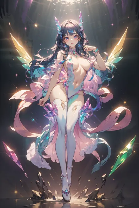 (masterpiece, top quality, best quality, official art, beautiful and aesthetic:1.2),full body,1 girl wearing a transparent bodysuit made of azure crystal,suspended in air,hovering,a pair of huge pink crystal wings,nubela,(iridescent,vivid fancy neon color),holo glowing rainbow color long hair,<lora:samo_crystal3-000009:1>,, (masterpiece, best quality, high quality, highres, ultra-detailed)