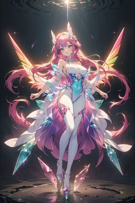 (masterpiece, top quality, best quality, official art, beautiful and aesthetic:1.2),full body,1 girl wearing a transparent bodysuit made of azure crystal,suspended in air,hovering,a pair of huge pink crystal wings,nubela,(iridescent,vivid fancy neon color),holo glowing rainbow color long hair,<lora:samo_crystal3-000009:0.8>,, (masterpiece, best quality, high quality, highres, ultra-detailed)