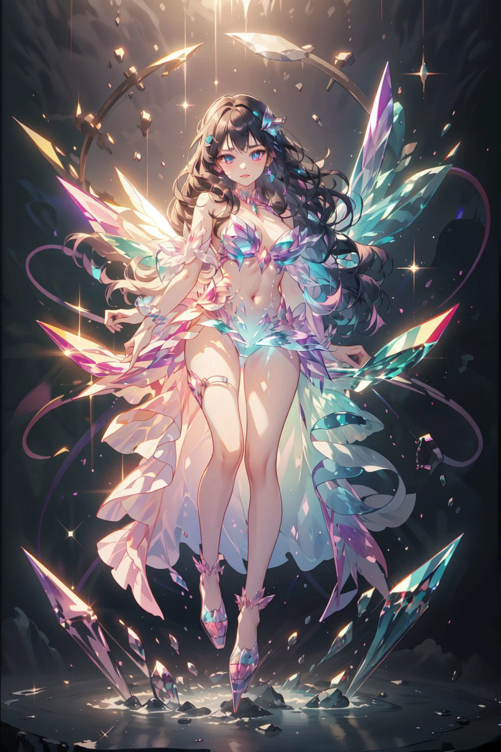 (masterpiece, top quality, best quality, official art, beautiful and aesthetic:1.2),full body,1 girl wearing a transparent bodysuit made of azure crystal,suspended in air,hovering,a pair of huge pink crystal wings,nubela,(iridescent,vivid fancy neon color),holo glowing rainbow color long hair,<lora:samo_crystal3-000009:1>, zhubao, <lora:CrystallineAI-000009:0.5> crystallineAI, <lora:Ice-Fashion-V1:0.5> ice, (masterpiece, best quality, high quality, highres, ultra-detailed)