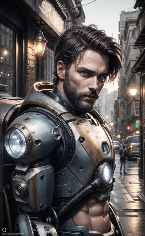 Portrait photo of muscular bearded guy in a worn mech suit, ((light bokeh)), intricate, (steel metal [rust]), elegant, sharp focus, photo by greg rutkowski, soft lighting, vibrant colors, (masterpiece), ((streets)), (detailed face:1.2), (glowing blue eyes:1.1) <lora:FilmVelvia3:0.4>  <lora:more_details:0.6>