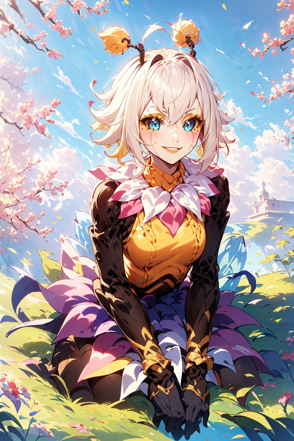 (masterpiece, best quality:1.2), intricate details, <lora:GoodHands-beta2:1>, <lora:lol_orbeeanna-000012:1>, orbeeanna, 1girl, arthropod girl, antennae, short hair, colored sclera, blue eyes, bangs, smile