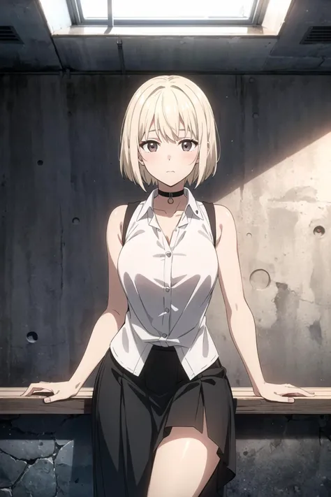 best quality, ultra high res, 1girl, sleeveless white button shirt, black skirt, black choker, cute,(platinum blonde hair:1), ((puffy eyes)), looking at viewer