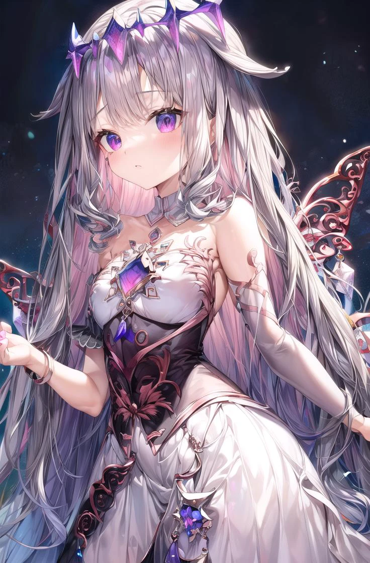 <lora:Bijou-10:1>, bijou, silver hair, dress, bare shoulders, jewelry, detached sleeves, wings, nail polish, best quality, ultra-detailed, <lora:flat2:-1>