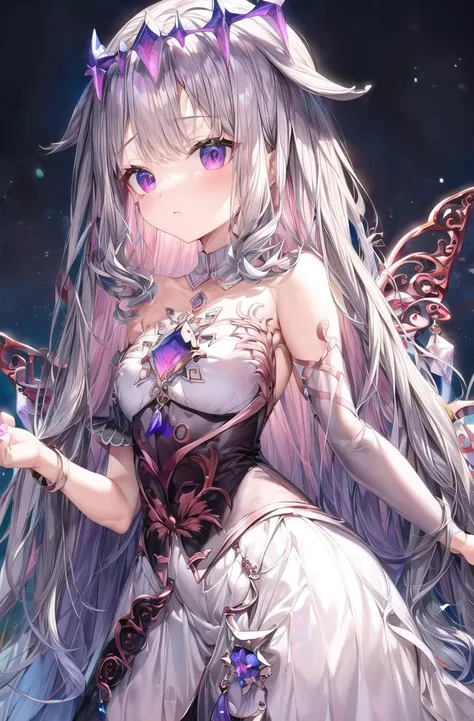 <lora:Bijou-10:1>, bijou, silver hair, dress, bare shoulders, jewelry, detached sleeves, wings, nail polish, best quality, ultra-detailed, <lora:flat2:-1>