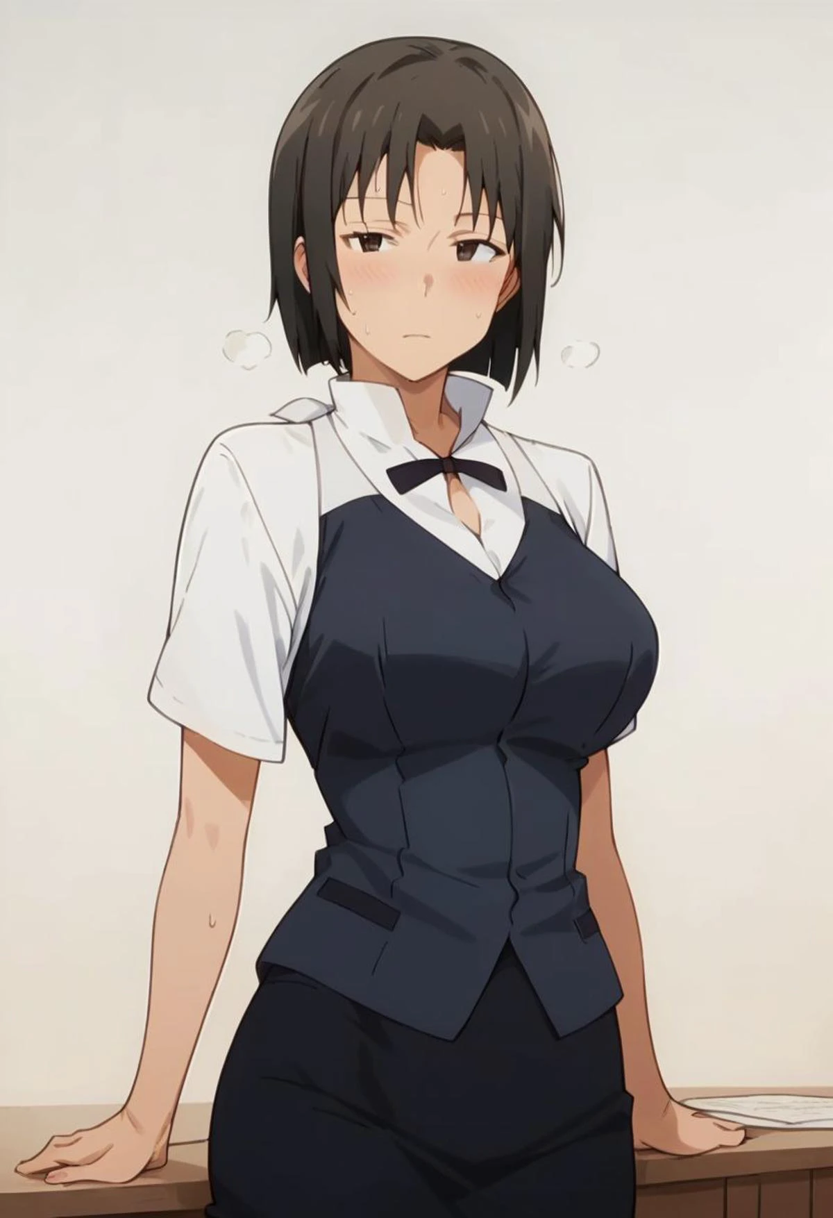 score_9, score_8_up, score_7_up, source_anime, masterpiece, anime screencap,
looking at viewer,
1 girl, solo, perfect hand,
shirafuji kyouko, waitress, vest, bowtie, pencil skirt,
tall girl,
Horney, Expressiveh, bit of sweat, blush,
(tall girl), large breasts, thick body, wide body, curvy, milf, mature female, curvy,
(((standing straight))), legs, facing front,
(((white plain background))), empty background,
negative_hand, an5,