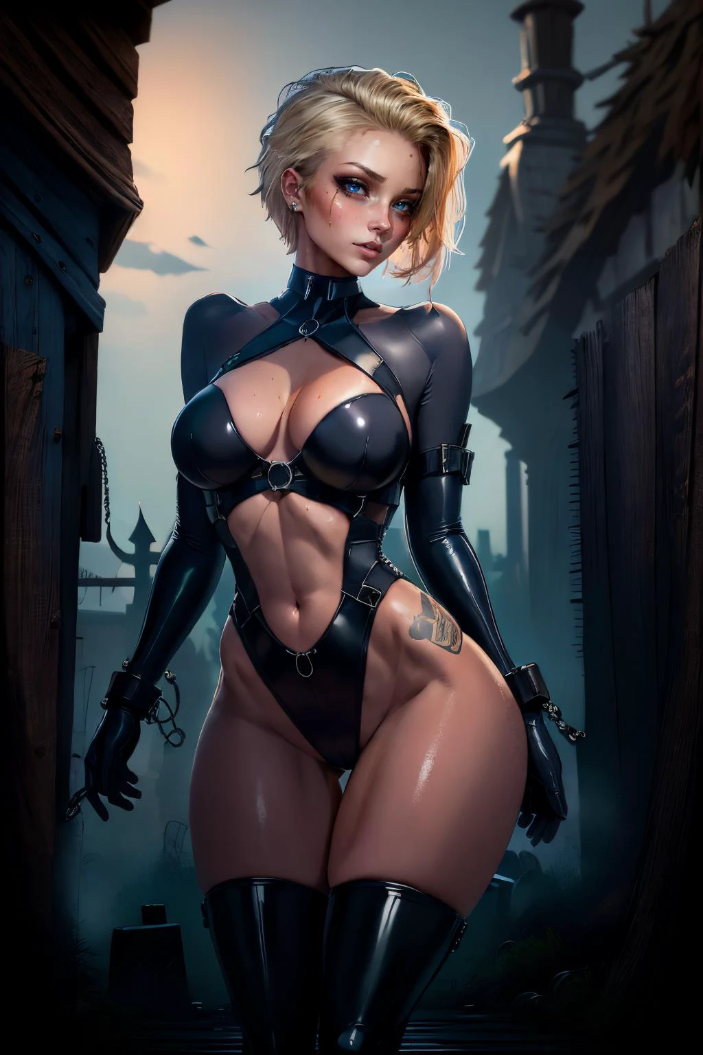 (looking at viewer:1.2), (dim lit:1) <lora:weight_slider_v2:-0.3> , <lora:LowRA:0.3> , ( sweat, blush:1), (at night:1),(large breasts:1.3),
(Directly from the front, capturing the full face and expression),
, (a dark medieval street leading to:1.3) (a gothic castle on a hill), (Darkness:1.1), <lora:Darkness-10:1>, epiCPhoto, (gothic, victorian era, cemetary), ,(chained, bondage, bdsm, torture, pain),
,<lora:Cutesexyrobutts:0.35> (csr style:1.1),
<lora:edgLeatherLingerie1:0.8> (edgLL, wearing edgLL, leather lingerie:1.2), (With one foot forward and hands clasped behind her, she gazes into the horizon, evoking a sense of contemplation and future possibilities:1.4),
(30-year- old norwegian beautiful slender petite woman supermodel),(wide jaw sharp jawline),, (perfect oval large eyes that gazes at the viewer), beautiful detailed face, blue gorgeous perfect eyes, (short blonde hair:1.3), (attractive young woman:1.3), (thick amazing hair), (seductive:1.1), (blushing:1.1), (goth, steam punk, tattoos), <lora:norwegian_blonde:0.75> (norwegian_blonde:1.3), <lora:half_buzzcut_hairstyle:0.4> (half_buzzcut_heairstyle:1.2),
<lora:spandex:0.8> (sp3ndexgloves, black sp3ndex:1.3), (intricate details:1.0), (intricate details, hyperdetailed:1.15),(oily wet skin:1.3),(dramatic light:1.4), cinematic,