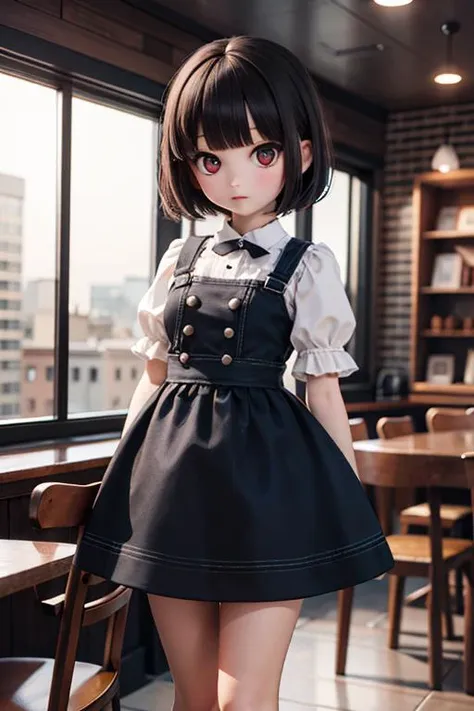 (masterpiece), best quality, high resolution, highly detailed, detailed background, perfect lighting, outdoor, 1girl, petite, short hair, black hair, blunt bangs, cafe, strawberry_shortcake