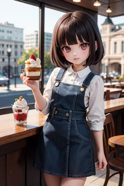 (masterpiece), best quality, high resolution, highly detailed, detailed background, perfect lighting, outdoor, 1girl, petite, short hair, black hair, blunt bangs, cafe, strawberry_shortcake