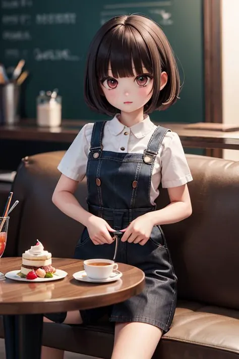 (masterpiece), best quality, high resolution, highly detailed, detailed background, perfect lighting, outdoor, 1girl, petite, short hair, black hair, blunt bangs, cafe, strawberry_shortcake