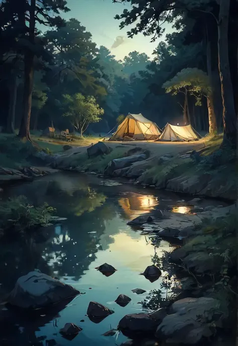 an abandoned campsite in a serene forest on a calm river at night, atmospheric, shadows, low-key, <lora:EldritchRomanceIllustration:0.8>