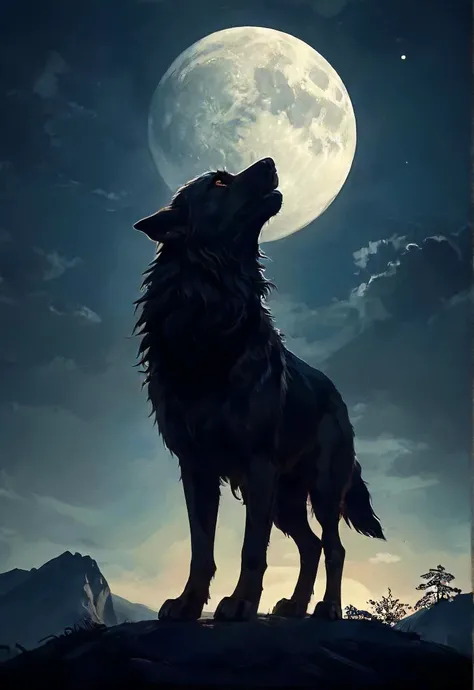 untamed and free, howl and dream, hill, moonlit night, silhouette, backlight, intricate, atmospheric, shadows, low-key, <lora:EldritchRomanceIllustration:0.8>
