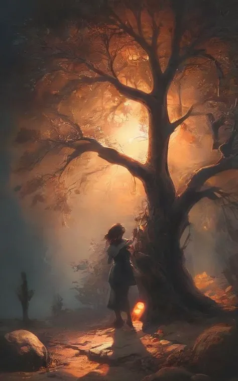 linquivera,<lora:linquivera:0.7>, old tree raise to heaven, detailed tree cortex, black and brown colors, pastel colors, illumination, mist, ink stains, inkpunk, OverallDetail-SDXL, abstract concept, volume, multiple layer pattern,stacked layers,deep 3D, volumetric, dimensional, depth, thick paper, high stack, heavy texture, tangible layers, <lora:add-detail-xl:1>, <lora:xl_more_art-full_v1:0.6>, stones, dark soil,vivid silhouette of a girl trying to reach trees glowing fruit,<lora:EldritchRomanceIllustration_0.9.1:1>,background lights, <lora:Radiant_Darkness:1>