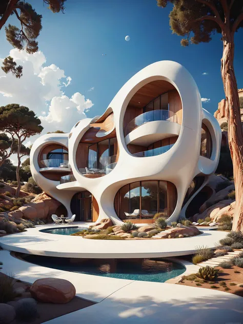 architectural study concept for futuristic homes incorporating organic fluidity rounded and geometric forms in harmony using artistic imaginitive license for a rendered house and landscape, <lora:EldritchRomanceIllustration:0.6>