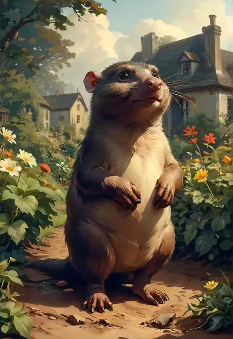 a stoic mole full of confidence and a smug expression that only wants to mess up your garden, atmospheric, shadows, <lora:EldritchRomanceIllustration:0.8>