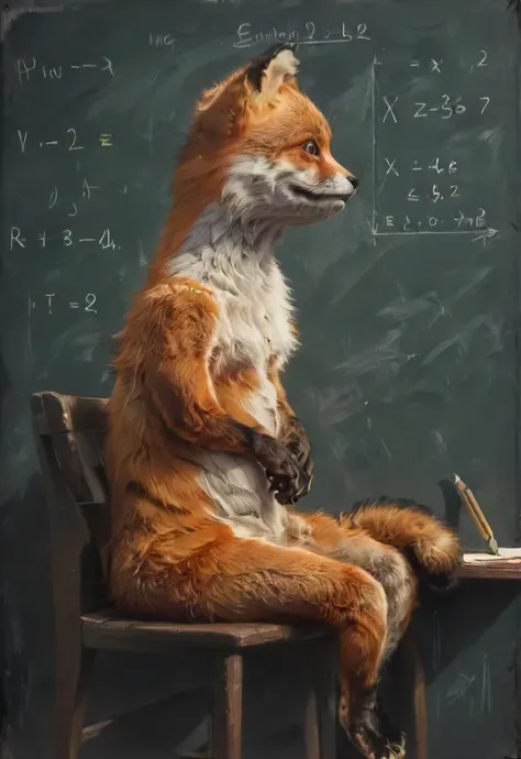 side view of a highly intelligent academic (fox:0.8) on a chalk-board with a (complex mathematical formal:1.2) that could solve all problems, intricate, eerie atmospheric, shadows, dark, low-key, <lora:EldritchRomanceIllustration:0.8>, <lora:- SDXL - stnerfx _Stoned_Fox_Style_V4.0:0.8>