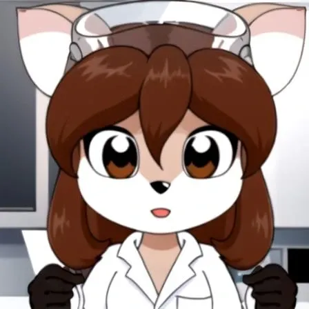 Highest quality, Highest resolution, Perfect details, Best anime style, 1girl, solo, bangs, brown hair, shirt, gloves, long sleeves, animal ears, hair between eyes, brown eyes, sidelocks, black gloves, lab coat, furry, furry female, body fur, white fur, animal nose, brown fur, two-tone fur
