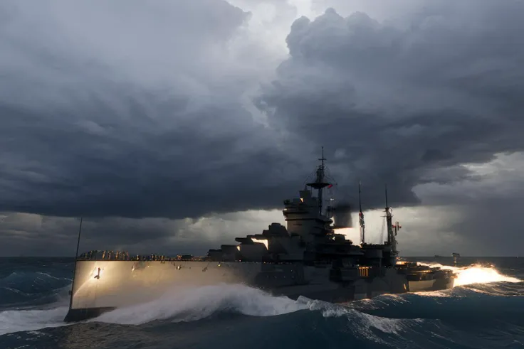 warspite, battleship, cruising through high waves, low angle, dramatic sky, dark clouds, thunder, lightning, bad weather, storm, rain, high waves, intense, dramatic lighting, realistic, highly detailed, cinematic,
<lora:HMS_Warspite_Battleship:0.7>