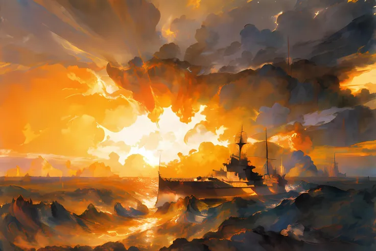warspite, vivid sunset, ((in the style of turner))