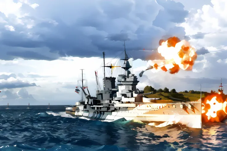 ((warspite)), sailing in the ocean, naval battle, firing guns, fire, smoke,