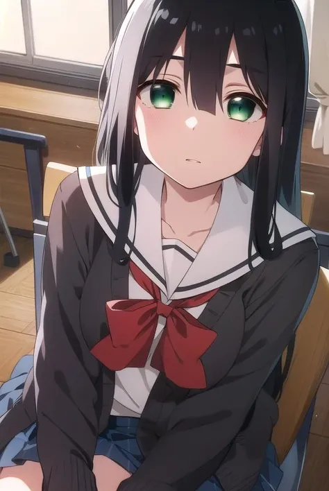 mimoritougou, <lora:mimoritougou-lora-nochekaiser:1>,
mimori tougou, long hair, (black hair:1.5), (green eyes:1.5),
BREAK skirt, long sleeves, school uniform, bow, bowtie, serafuku, red bow, cardigan,
BREAK looking at viewer,
BREAK indoors, classroom,
BREAK <lora:GoodHands-vanilla:1>, (masterpiece:1.2), best quality, high resolution, unity 8k wallpaper, (illustration:0.8), (beautiful detailed eyes:1.6), extremely detailed face, perfect lighting, extremely detailed CG, (perfect hands, perfect anatomy),