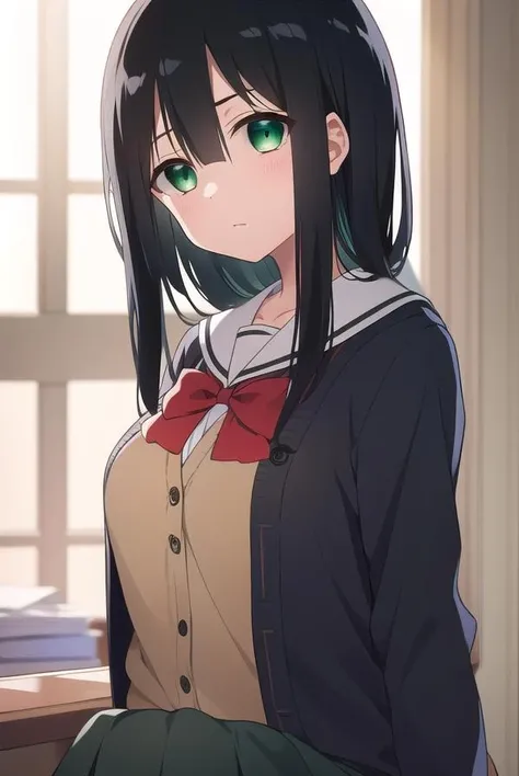 mimoritougou, <lora:mimoritougou-lora-nochekaiser:1>,
mimori tougou, long hair, (black hair:1.5), (green eyes:1.5),
BREAK skirt, long sleeves, school uniform, bow, bowtie, serafuku, red bow, cardigan,
BREAK looking at viewer,
BREAK indoors, classroom,
BREAK <lora:GoodHands-vanilla:1>, (masterpiece:1.2), best quality, high resolution, unity 8k wallpaper, (illustration:0.8), (beautiful detailed eyes:1.6), extremely detailed face, perfect lighting, extremely detailed CG, (perfect hands, perfect anatomy),