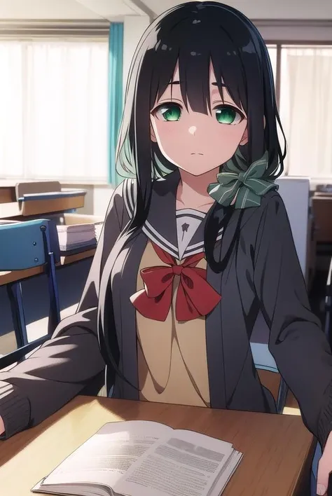 mimoritougou, <lora:mimoritougou-lora-nochekaiser:1>,
mimori tougou, long hair, (black hair:1.5), (green eyes:1.5),
BREAK skirt, long sleeves, school uniform, bow, bowtie, serafuku, red bow, cardigan,
BREAK looking at viewer,
BREAK indoors, classroom,
BREAK <lora:GoodHands-vanilla:1>, (masterpiece:1.2), best quality, high resolution, unity 8k wallpaper, (illustration:0.8), (beautiful detailed eyes:1.6), extremely detailed face, perfect lighting, extremely detailed CG, (perfect hands, perfect anatomy),