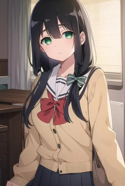 mimoritougou, <lora:mimoritougou-lora-nochekaiser:1>,
mimori tougou, long hair, (black hair:1.5), (green eyes:1.5),
BREAK skirt, long sleeves, school uniform, bow, bowtie, serafuku, red bow, cardigan,
BREAK looking at viewer,
BREAK indoors, classroom,
BREAK <lora:GoodHands-vanilla:1>, (masterpiece:1.2), best quality, high resolution, unity 8k wallpaper, (illustration:0.8), (beautiful detailed eyes:1.6), extremely detailed face, perfect lighting, extremely detailed CG, (perfect hands, perfect anatomy),