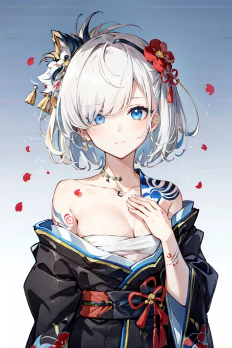 budget sarashi, solo, looking at viewer, collarbone, kimono, tattoo, white hair, 1girl, black kimono, chest sarashi, hair over one eye, gradient background, floral print, off shoulder, blue eyes, cleavage, closed mouth, upper body, gradient, japanese clothes, bare shoulders, sarashi, short hair <lora:budget_sarashi:0.7>