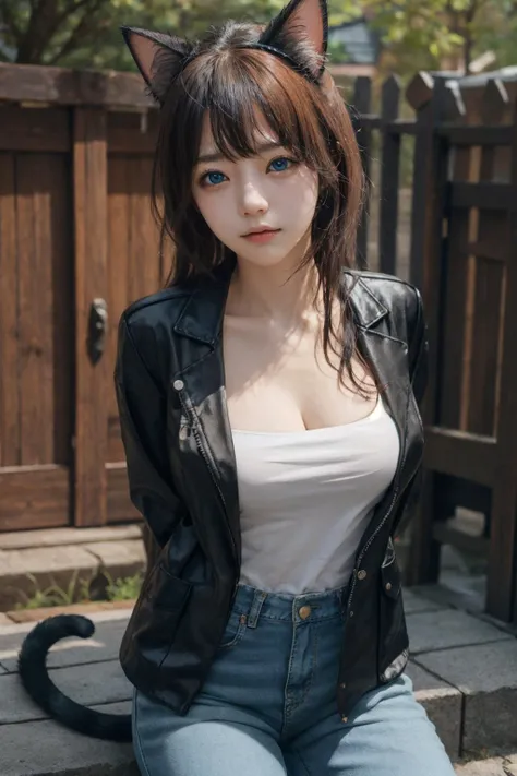 budget sarashi, 1girl,solo, black jacket, cat ears, cat girl, pant, open clothes,arms behind back,blue eyes,chest sarashi,  <lora:budget_sarashi:0.7>