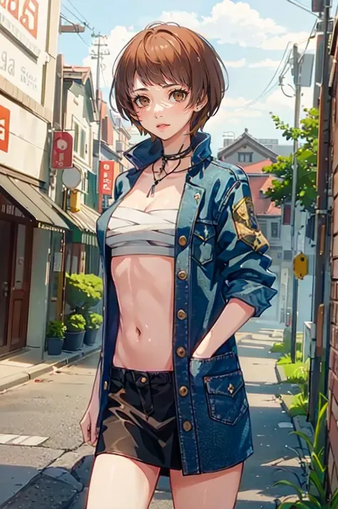 gloria \(pokemon\), masterpiece, best quality, highres, 1girl, brown hair, solo, shorts, side ponytail, orange hair, midriff, ((topless)), nipples, navel, short hair, denim, denim shorts, smile, cowboy shot, standing, peace_sign, outdoors, beret hat, small breasts, tears, blush, tongue out, saliva, long_tongue, nipple chain, photorealistic, octane render, 8 k, unreal engine
