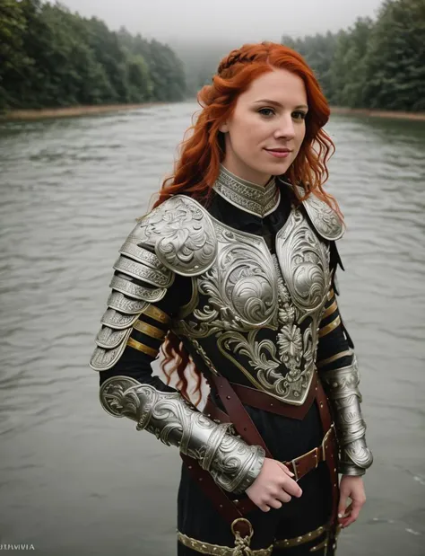 RAW photo, subject, 8k uhd, dslr,  high quality, film grain, Fujifilm XT3, professional photo, (detailed skin:1.3), high quality,     <lora:Ornamental_Armor:0.7> , ornamental armor, metal armor, ornamental breastplate, woman, full body, french braid, red hair, ornamental gauntlets, medium hair, ornamental wings, full body, sunlight, river in the distance, fog,