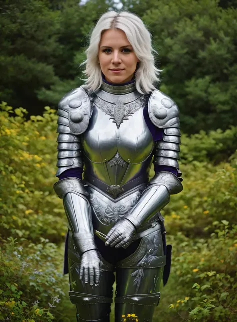 RAW photo, subject, 8k uhd, dslr,  high quality, film grain, Fujifilm XT3, professional photo, (detailed skin:1.3), high quality,   <lora:Ornamental_Armor:0.7> , ornamental armor, metal armor, ornamental breastplate, woman, white hair, ornamental gauntlets, medium hair, ornamental wings, full body, sunlight, reflective armor, hills, roman nose, hawk nose, beautiful woman, purple eyes, dark armor, straight hair, rock flower field, blue flowers, lying,