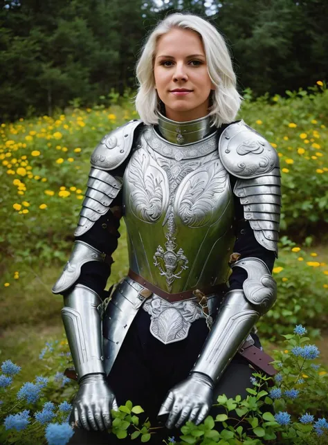 RAW photo, subject, 8k uhd, dslr,  high quality, film grain, Fujifilm XT3, professional photo, (detailed skin:1.3), high quality,   <lora:Ornamental_Armor:0.7> , ornamental armor, metal armor, ornamental breastplate, woman, white hair, ornamental gauntlets, medium hair, ornamental wings, sunlight, reflective armor, hills, roman nose, hawk nose, beautiful woman, purple eyes, dark armor, straight hair, rock flower field, blue flowers, sitting,