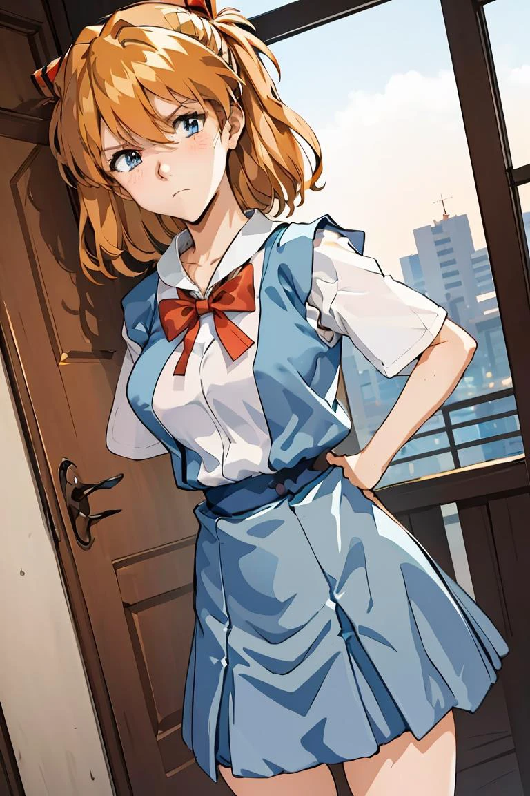 (masterpiece, best quality), 1girl, <lora:AsukaUn:1> AsukaUn, Two side up, Orange hair, Tokyo-3 uniform, Blue vest, Frown
