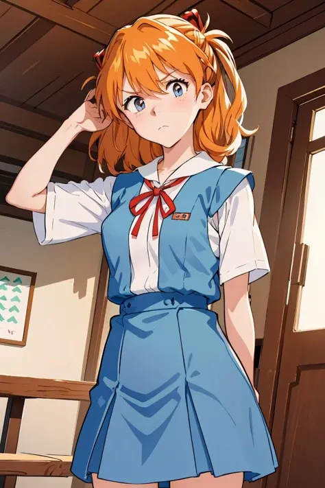 (masterpiece, best quality), 1girl,  <lora:AsukaUn:1> AsukaUn, Two side up, Orange hair, Tokyo-3 middle school uniform, Blue vest, Frown